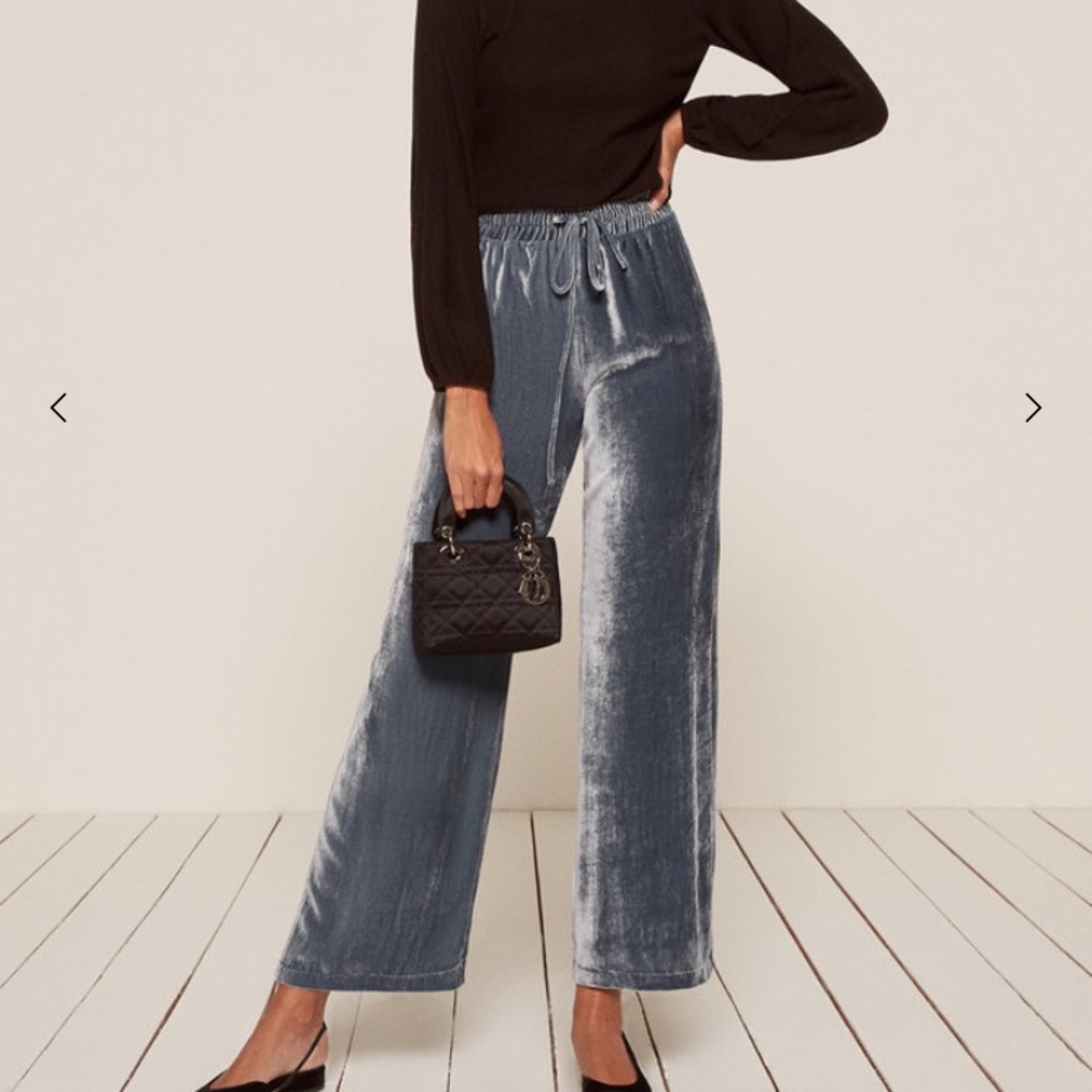 Reformation Silver-Gray Velvet Wide-Leg Drawstring Trousers